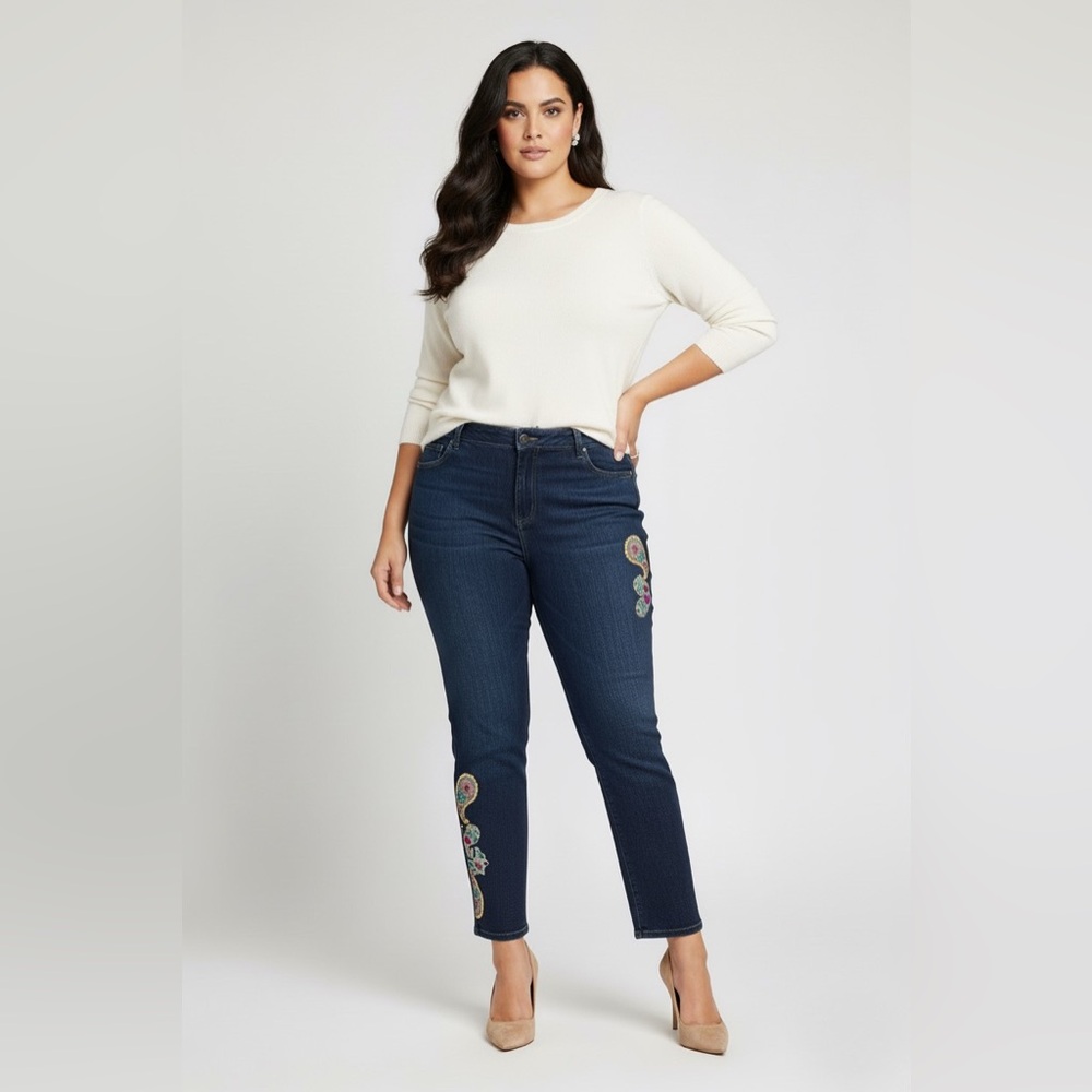 Denim 24/7 Embroidered Paisley Sequins Straight Jeans Size 14W Dark Wash Plus Sz